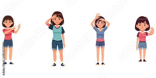 Set of girls showing different hand gestures and expressions isolated on white