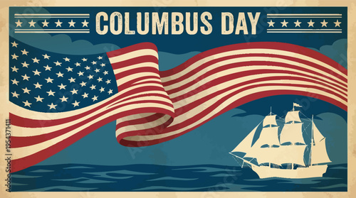 Wide Columbus Day banner with waving flag and ship
