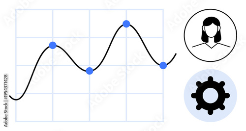 Data analysis. A graph with blue data points and a fluctuating trend line s data analysis. Profile icon and gear add of user interaction and settings. For business, analytics, user experience, data