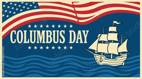 Modern Columbus Day greeting card with ship and waves
