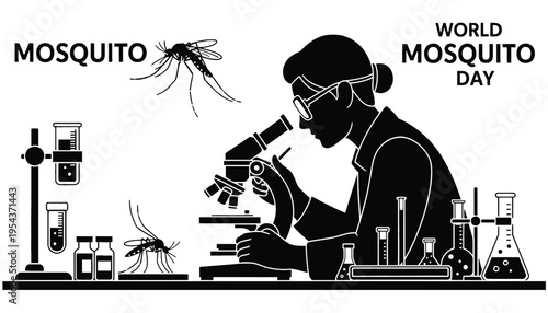 Mosquito silhouette illustration for World Mosquito Day with a scientist