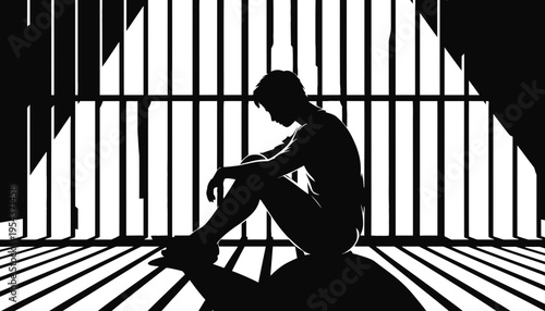 A man silhouette sitting in a prison cell with bars