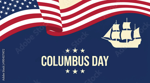 Minimalist Columbus Day banner with ship silhouette