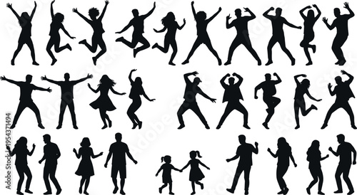 Dancing people silhouettes collection, energetic men women kids jumping poses, black isolated figures set, party celebration movement, vector style illustration for design