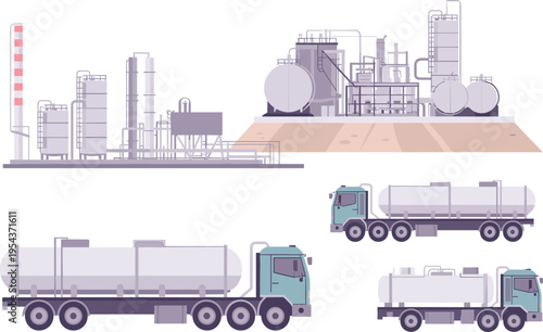 Industrial oil refinery and fuel tanker trucks set, petrochemical plant storage transport vector illustration isolated on clean background design