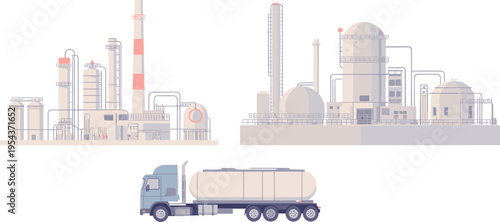 Industrial oil refinery and tanker truck illustration, petrochemical plant storage facilities and fuel transport vector isolated on clean background