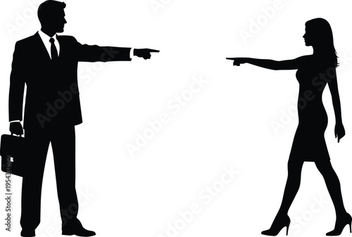 Silhouette of businessman and businesswoman in suit pointing at each other, conflict in office, workplace argument, gender equality, and competition.