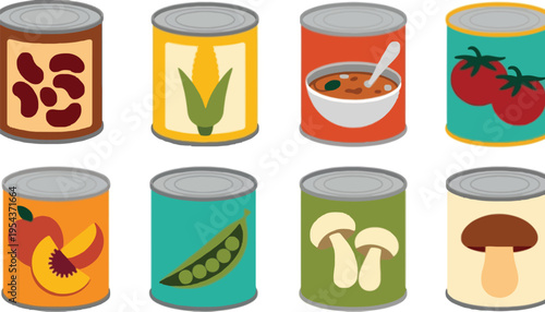 A colorful illustration of canned food icons with various ingredients