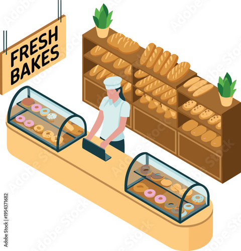 Isometric bakery counter with baker, fresh bread and donuts display showcase interior vector illustration isolated on clean background design