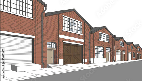 A row of modern townhouses with brick exterior and garage doors