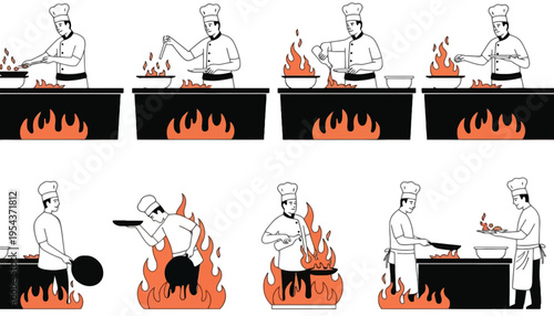 Chef cooking illustration with flames and various kitchen actions