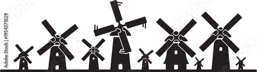 Set of 8 black windmill silhouettes vector