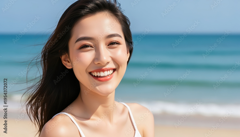 Fototapeta premium Radiant Beauty at the Seaside: A stunning, smiling woman with dark hair enjoys the sun and sea, embodying the essence of beachside joy and summer bliss. 