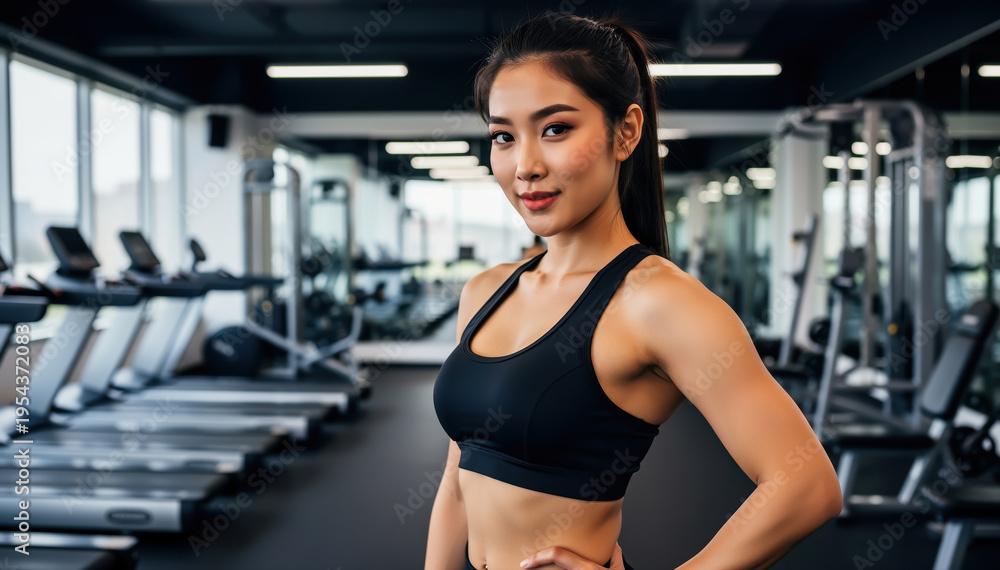 Fototapeta premium Fitness Icon's Gym Moment: A fit young woman poses confidently in a modern gym, embodying strength and wellness amidst fitness equipment. 
