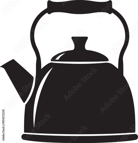 Black kettle icon, kitchen utensil silhouette, tea pot vector, cooking symbol