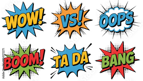 Comic book speech bubbles with WOW, VS, OOPS, BOOM, TA DA, BANG