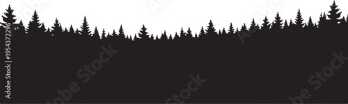 Black pine tree forest silhouette, nature landscape border, vector trees