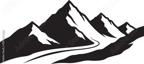 Black mountain range silhouette, snowy peaks, vector landscape, scenic illustration