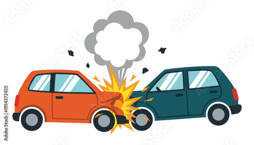 Car accident vector illustration with two cars crashing into each other
