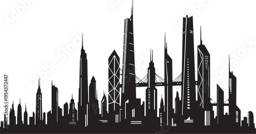 City skyline, urban landscape, black silhouette, modern architecture, vector illustration