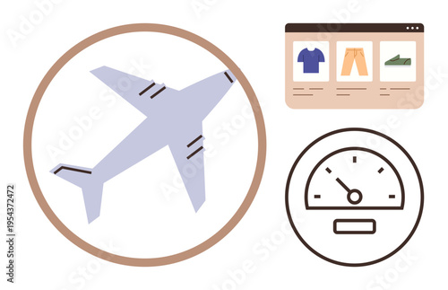 Travel planning, e-commerce, logistics, delivery tracking, speed, user interfaces. Airplane, shopping interface and speedometer. Travel planning and e-commerce in a clean layout