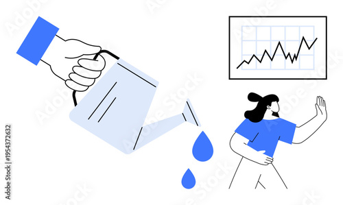 Startup strategy, business growth, financial planning, economic success, investment strategies, data analytics. Hand pouring water into growth , woman observing chart. Business growth and investment