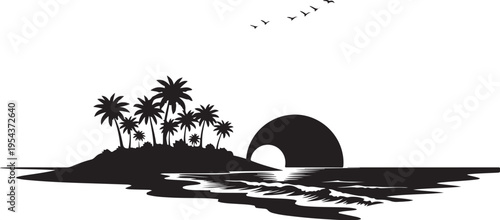 Vector tropical island silhouette with palm trees and sunset