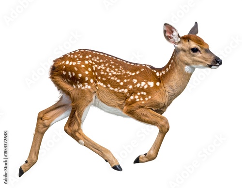 A young deer with brown fur and white spots bounds across a bright, empty background. Its delicate legs stretch