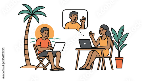 Laptop vector illustration of people working remotely in a tropical setting
