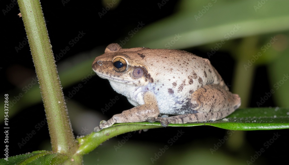 Obraz premium Macro portrait of a Coqui Frog (Eleutherodactylus coqui) perched on a plant stem at night