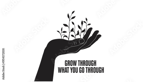 A motivational hand holding growing plants with inspirational quote