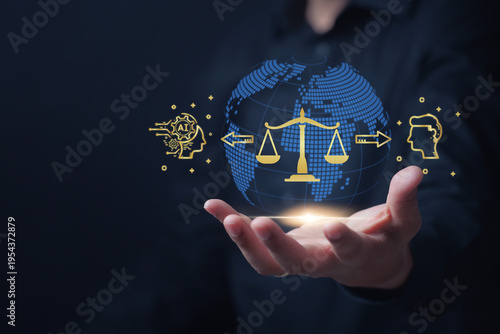 Confident professional holding digital globe and scale representing ai ethic risk management balance between machine and human mind