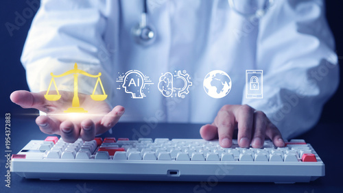 Focused doctor works on ai ethic risk management typing on keyboard with glowing digital scale symbol ensuring strict legal balance