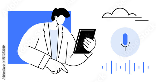 Voice recognition, cloud computing, digital interaction, speech analysis, technology innovation, smart devices. Man holding a tablet and pointing. Voice recognition and cloud computing concept