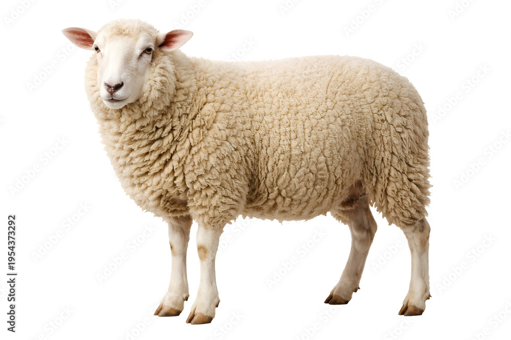 Obraz premium Domestic Sheep Standing Isolated on White Background Farm Animal