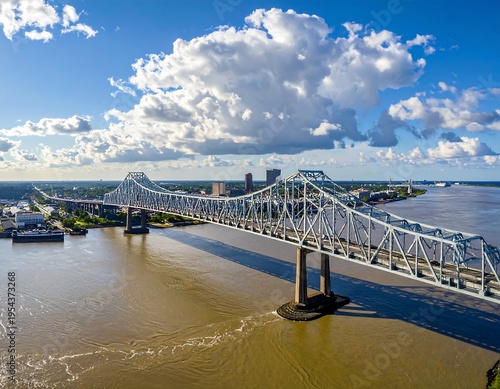 Wallpaper Mural Aerial view captures a large steel bridge spanning a wide, murky river under a sunny sky with large fluffy clouds Torontodigital.ca