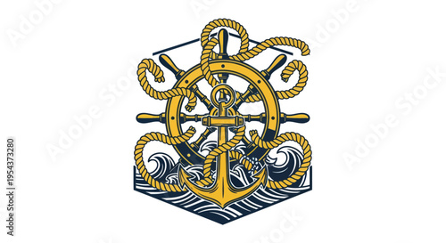 Nautical Emblem: Ship Wheel, Anchor, Rope, and Waves