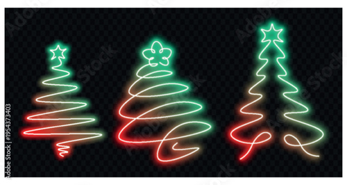 Two stylized christmas trees are depicted with vibrant neon lights against a transparent dark background high-quality