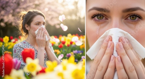 Woman suffering from seasonal allergies, sneezing into a tissue in a vibrant spring flower field.