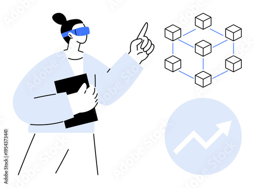 Blockchain systems, virtual reality, data science, technology innovation, digital growth, business strategy. A person with VR glasses pointing to a digital blockchain model. Blockchain systems