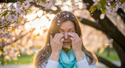 Woman suffering from spring allergies rubbing her eyes under blooming trees.