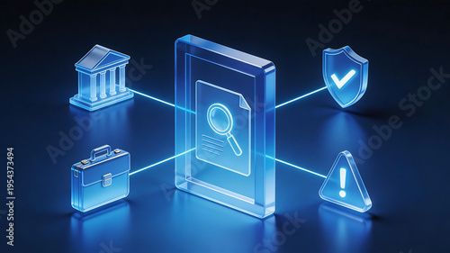 3D isometric due diligence concept with glowing document magnifier bank briefcase warning and security icons in blue transparent glass style