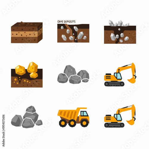 Mining Operations and Resources Illustration Set.