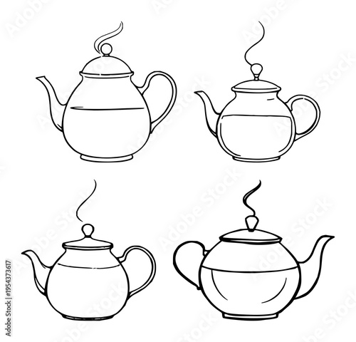 Teapot set with abstract line art design featuring rising steam, hot beverage, and kitchenware with cafe minimalist style and modern drawing