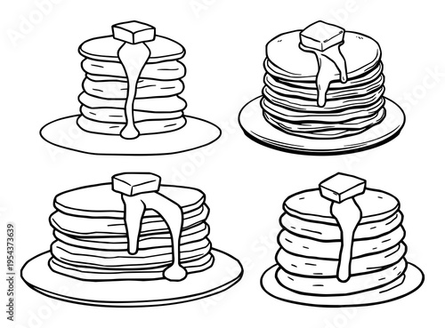 Pancakes set with doodle style illustration of a stack of pancakes and a melting butter cube featuring breakfast, food, illustration with white background and simple lines