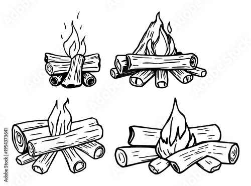 Campfire logs icon set with minimalist design featuring burning wood, charcoals, and fire with warmth and heat