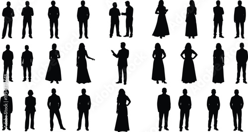 Large set of people silhouettes standing and talking, men and women in formal and casual attire, diverse group, community, isolated.