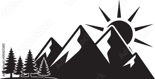Vector mountain landscape with sun and trees icon