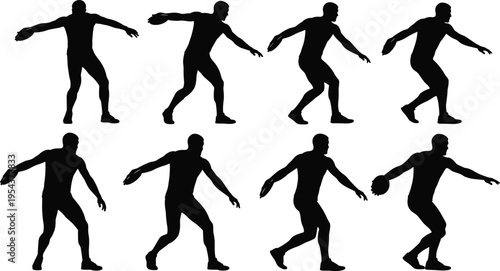 Set of discus thrower silhouettes, track and field athlete in various throwing poses, isolated on white background, sports competition, and power.
