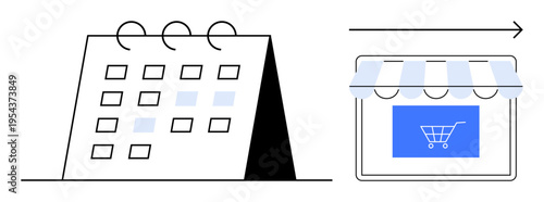 E-commerce, scheduling, business planning, marketing, online retail, store management. A calendar and a storefront icon with a shopping cart. E-commerce and scheduling together